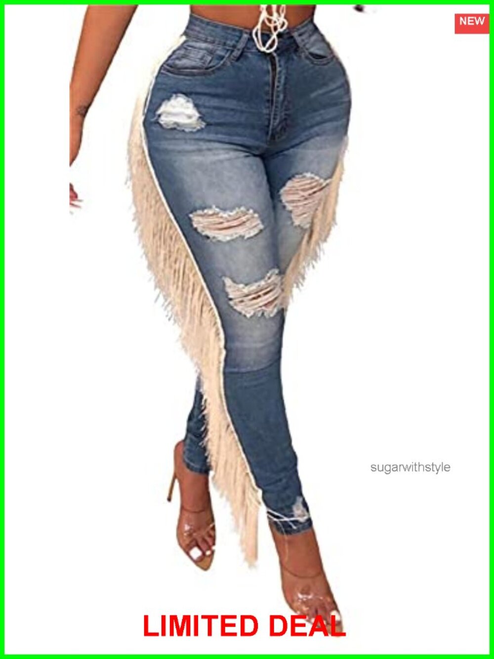 Ripped Distressed Skinny Jeans Fringe Tassel Ankle Denim Pants